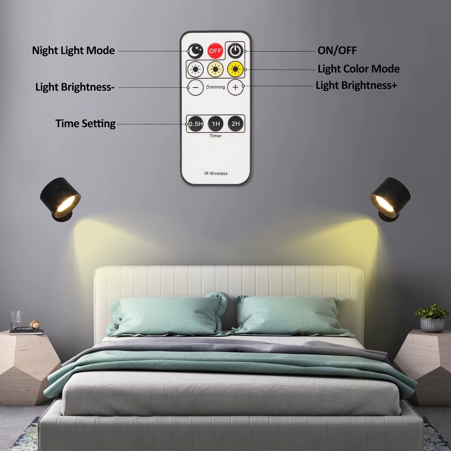 Led Wall Lamp Touch Control IR Remote 360 Rotatable USB Recharge Wireless Portable Night Light for Bedside Bedroom Reading Lamp