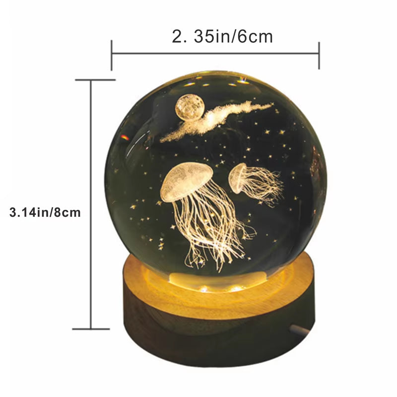 3D Jellyfish Laser Engraved Crystal Ball LED Night Light, Birthday Girlfriend Classmate Wife Children Christmas Day Gift