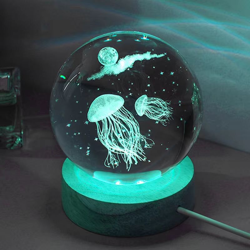 3D Jellyfish Laser Engraved Crystal Ball LED Night Light, Birthday Girlfriend Classmate Wife Children Christmas Day Gift