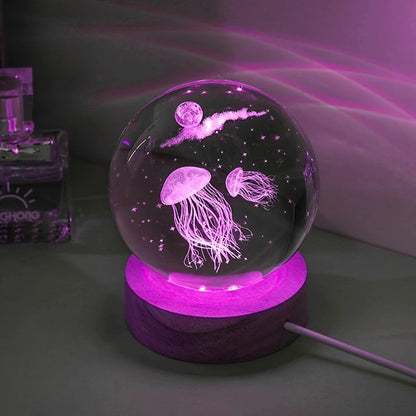 3D Jellyfish Laser Engraved Crystal Ball LED Night Light, Birthday Girlfriend Classmate Wife Children Christmas Day Gift