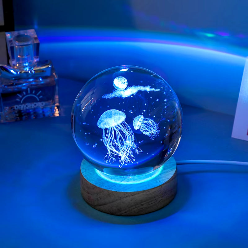 3D Jellyfish Laser Engraved Crystal Ball LED Night Light, Birthday Girlfriend Classmate Wife Children Christmas Day Gift